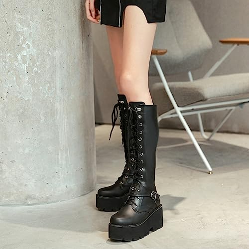Image of Parisuit Women's Knee High Goth Platform Boots Lace Up Combat Boots