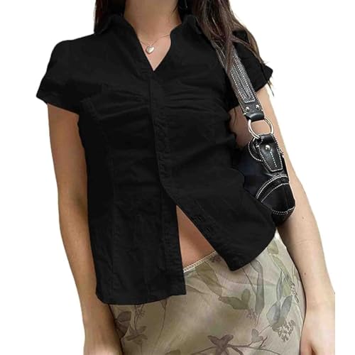 Women Y2k Button Up Shirts Cap Sleeve Lapel Collar Preppy Shirt Slim Fit Summer Coquette Tops (Black, S)