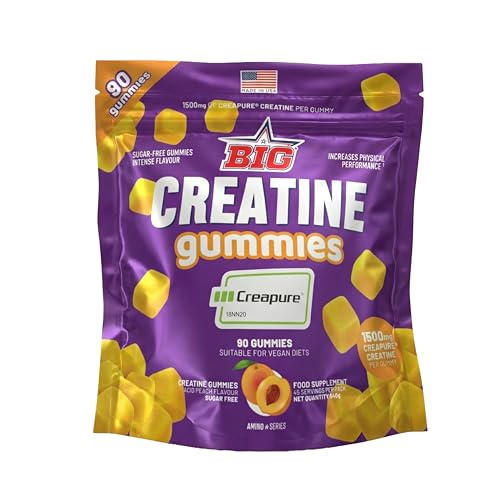 BIG - Gominolas de Creatina Monohidrato Creapure Sabor a Melocotón Acido, 90 Gummies para Entrenamiento de Fuerza y Masa Muscular, Textura Suave, Megadosis 4.5g por toma (45 tomas)