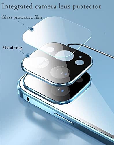 iPhone 14 ケース 全面カバー ロック機能付き+マグネット式 両面クリア強化ガラス 安全ロック カメラ保護 アルミバンパー アイフォン14 ガラスケース 両面ケース 透明 (iPhone14, シルバー)