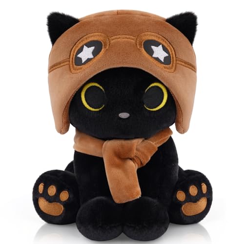 Image of Cat Plush Toy - Black Cat with Removable Aviator Hat, 8 inch Cute Stuffed Animal Pilot Gifts for Kids & Adults, Soft Aviator Kitten Toy Birthday Gift for Boys,Girls