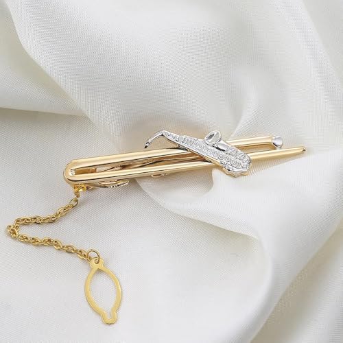 Image of Tie Pin for Men Formal, Saxophone Tie Clip with Fit, Golden Tie Accessory for Business Attire and Wedding Events,Music Tie Clip