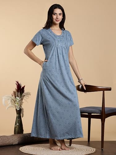 Image of 9shines Label Stylish Cotton Blend Embroidered Maxi Nightdress for Women with Pocket| Full Length Nightwear| Premium Nightdress| Comfortable Nightwear(5256)