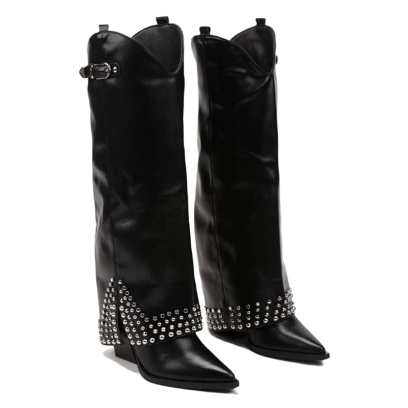 Womens Studded Knee High Boots Western Style Suede Leather Boots Pointed Toe Low Block Heel Fashion Cowboy Riding