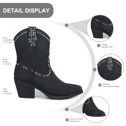 Womens Studded Cowboy Boots Fashion Vintage Sparkly Western Cowgirl Short Boots with Wide Calf Pointed Toe And Chunky Heel Design Ankle Boot4
