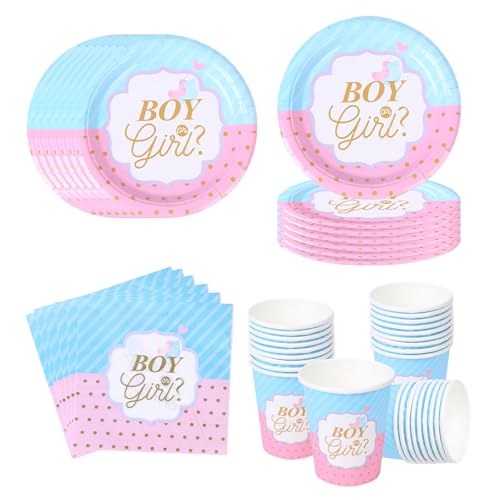Gender Reveal Party Deko Conjunto de louça para 20 convidados, louça decoração de revelação de género, inclui pratos, copos e guardanapos de papel, para Baby Showers, Boy or Girl, festas de Gender