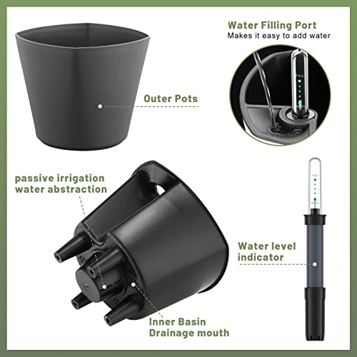 Self Watering Planters for Indoor Outdoor Plants 7 inch Flower Pot with Water Level Indicator Grey 6 Pack African Violet Self Watering Pots for All Orchid agave etc. House Plant Plastic Planter