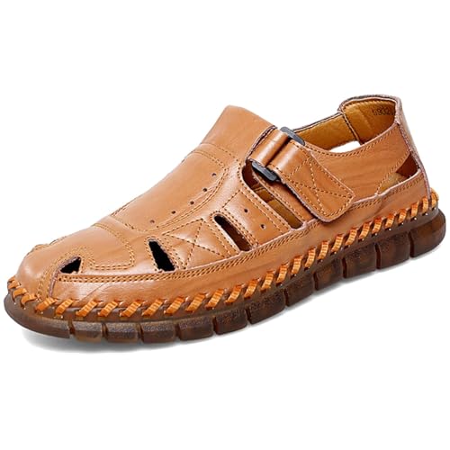 Moodeng Hiking Sandals for Men Outdoor Leather Loafers Non-Slip Sport Sandals Closed Toe Slip on Shoes Comfortable Boat Shoes Dark Brown Size 11