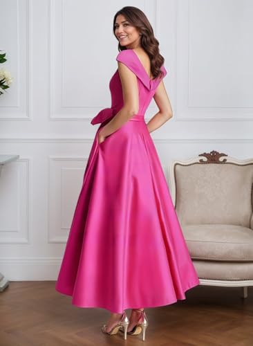 Satin Mother of The Bride Dresses for Women Tea Length Formal Dress with Pockets Cap Sleeve Evening Gown2