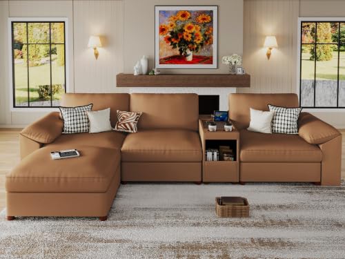 Image of EASE MOOSE Leather Sectional Couch, Oversized Modular Sectional Sofas, Wide Deep Seat Modular Couch, Scratch Resistant Faux Leather Material, L Shaped Sofa for Big Spaces,Brown
