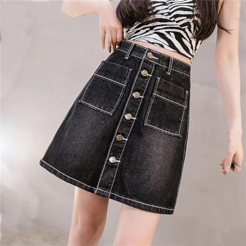 Women's Button Spliced Vintage Denim Skirt Summer Thin High Waist Pockets A-Line Mini Skirts2