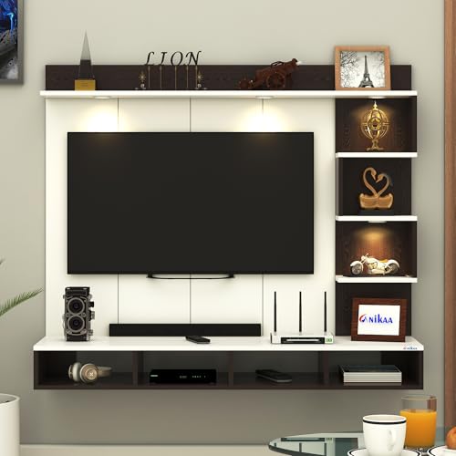 Image of Anikaa Kasey Engineered Wood Wall-Mount TV Unit with PVC Back Panel & LED Lights | TV Cabinet with Storage Box & Decorative Shelves (Wenge /White) Ideal for TVs up to 55 Inch | DIY Installation