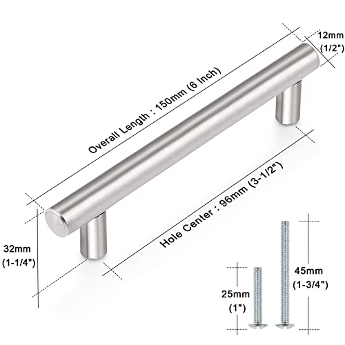 Image of Probrico 10 Pack Euro Style T Bar Cabinet Pulls Stainless Steel Kitchen Handles Dresser Handles Brushed Nickel 3-3 /4 Hole Center,6 Inch Overall Length