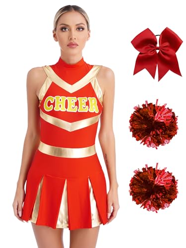 iiniim Femme Déguisement Pom Pom Girl Ensemble Robe De Cheerleading Uniforme Cheer Leader sans Manche Costume Carnaval Halloween Rouge M