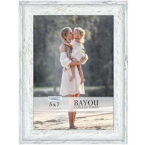 Icona Bay 5x7 Cloudy White Picture Frame - Cape Cod Style 5 x 7 Photo Frame - Table Top or Wall Mount - Bayou Collection