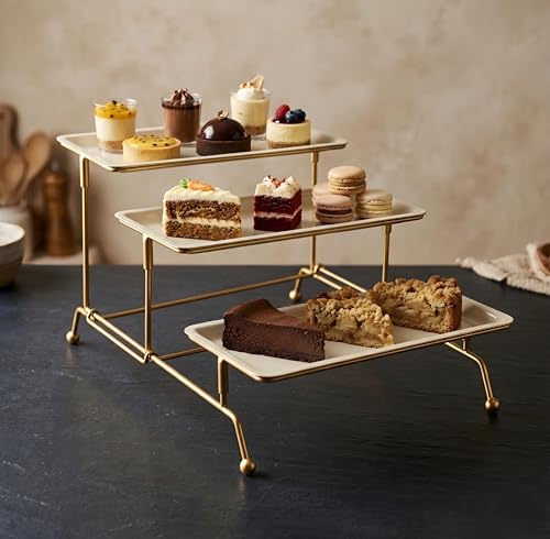 Image of Metal Snacks Organizer Buffet Server Black and White, 3-Tier Metal Serving Tray - Tiered Display Stand for Dessert, Cake Stand for Cake Cutting and Decor