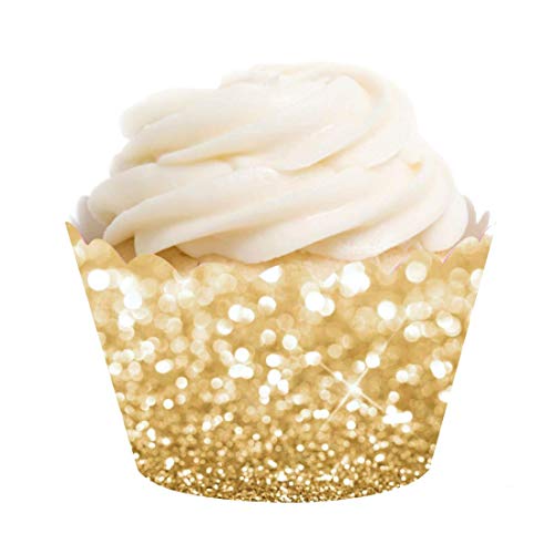 Andaz Press Glitzy Faux Gold Glitter Cupcake Wrapper Decorations, 24-Pack, Not Real Glitter Gold Cupcake Holder Gold Cupcake Wrappers Cupcake Sleeve Cupcake Decorations Cupcake Wraps