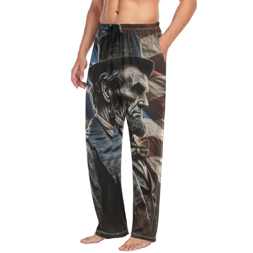 Pajama Pants Abraham Lincoln American Flag for Men Men's Separate Bottoms, Lounge Pants with Pockets S4