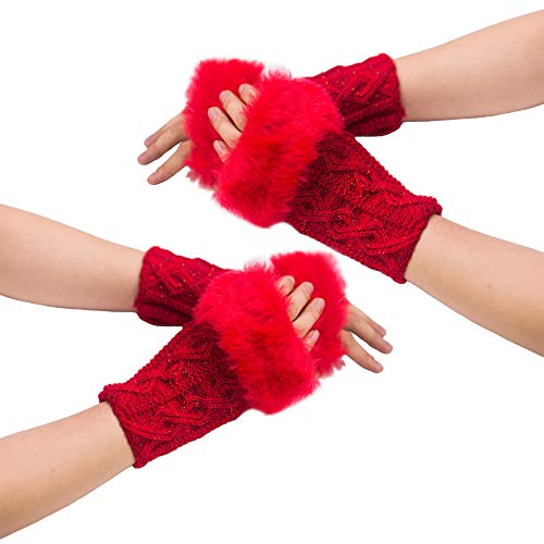 2 Pairs Women Fuzzy Crochet Fingerless Gloves with Faux Fur Cuffs Wrist Warmer (Red)