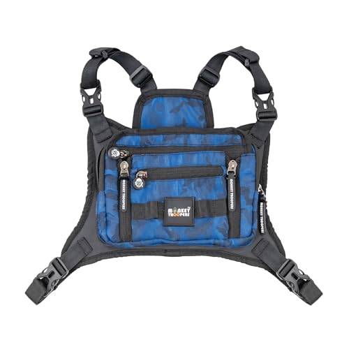 Image of MONKEY TROOPERS Torque Magnetic Chest Bag for Biking, 2L, Blue Camo | Magnetic Tank-Mount Harness, Touch-Sensitive Phone Pocket, Detachable Front Pouch, Organiser Pockets