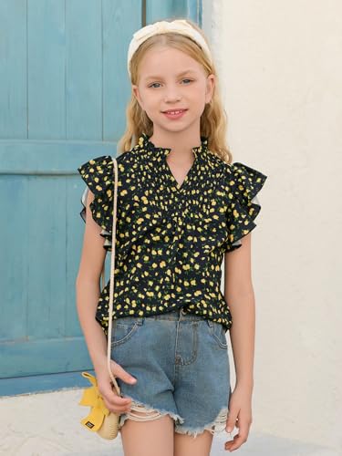Image of Haloumoning Girls Ruffle Short Sleeve Floral Chiffon Blouses Kids Summer Shirts Tops 5-14 Years