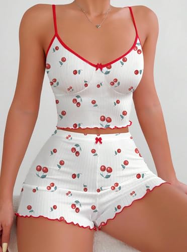 Image of Hilinker Womens Graphic Print Ribbed PJ Set Crop Cami Tops and Shorts Cute Pajamas Set