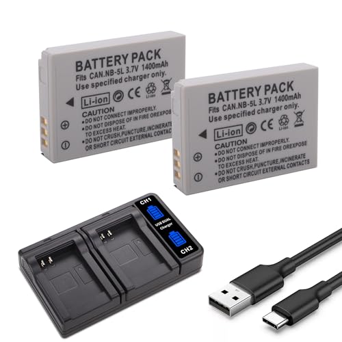 2-Pack NB-5L Battery with Charger for Canon PowerShot S100, S110, SD700 is, SD790 is, SD800 is, SD850 is, SD870 is, SD880 is, SD900 is, SD950 is, SD970 is, SD990 is, SX200 is, SX210 is, SX220 is