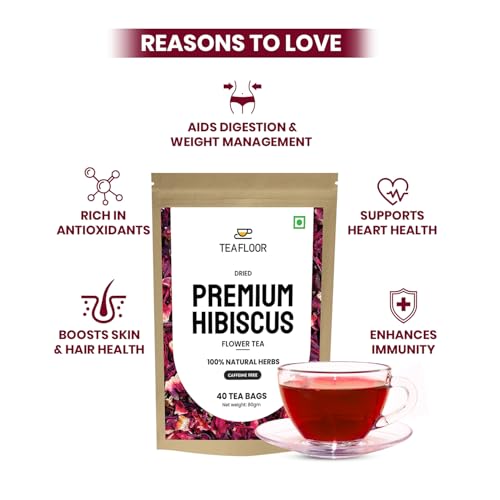 Image of TEAFLOOR - HIBISCUS Flower Tea bags || 40 Tea Bags /80 gram (pack of 1) || FARM PACKED for Freshness || Pure Whole Flower Buds of HIBISCUS || Caffeine Free Herbal Tea - GOOD FOR HAIR AND SKIN ||