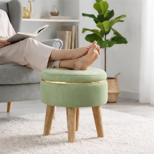 Image of Ottoman Stool for Living Room Foot Rest | Velvet Small Ottoman Foot Stool | Solid Wood Legs | Footstool Puffy for Home, Bedroom & Makeup Table | 30 x 30 cm (12 x 12 Inch) | Light Green