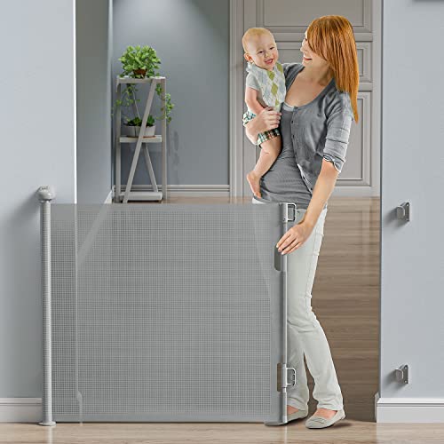 Image of Retractable Baby Gates, BabyBond Baby Gate for Stairs Extra Wide 59” X 33” Tall for Kids or Pets Indoor and Outdoor Dog Gates for Doorways, Stairs, Hallways(33 * 59 inches, Grey & Drill)