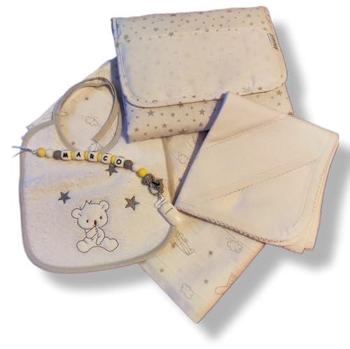 Cesta Regalo Bebe Recien Nacido Personalizada con Nombre. Canastilla con nombre bordado.Pañales Toalla con Nombre Pañalera Baberos Personalizados (Pack unisex)