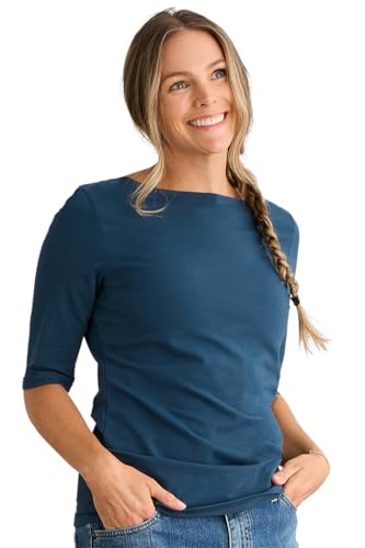 Fair Indigo Women's Organic Pima Cotton Half Sleeve Boat Neck Tee (L, Dark Ocean)