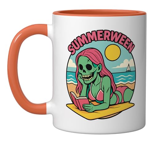 Summerween Zombie Halloween Girl Spooky Beach Summers Ceramic Mug, Orange/White