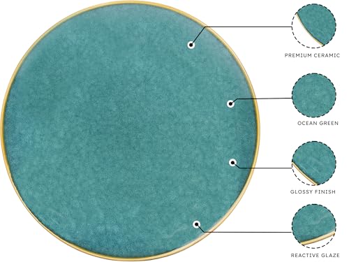 Image of Bodhi House Ceramic Dinner Set, 14 Pieces, Handmade Reactive Glaze Dinnerware, Stoneware Dining Sets Serving for 6, Microwave, Dishwasher Safe, Glossy Finish Crockery Set for Gifting, Ocean Green