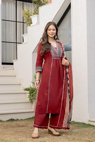 Image of MEERA FAB Women Floral Printed Pure Cotton Straignt V-Neck Kurta with Trousers & Dupatta