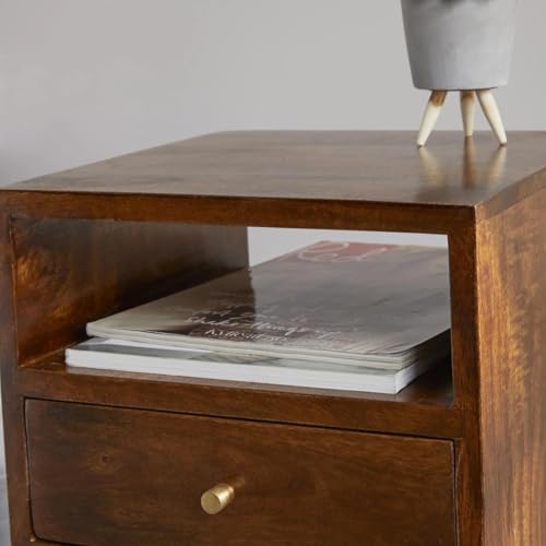 Image of CRAFT D ARTS Solid Wood Bedside Table for Bedroom| Wooden Bedside Nightstand Table with 1 Drawer & Open Shelf Storage | Modern End Table for Home & Living Room, Dark Natural Finish