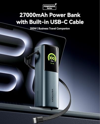 Image of VENTION Powerhive 27000mAh Laptop Power Bank, 200W, Built-in and Extra 240W USB-C Cables, Portable Laptop Charger, Digital Display, for iPhone 17 /16 /15 /14 /13 Pro Max, MacBook, Dell, HP, Galaxy S24