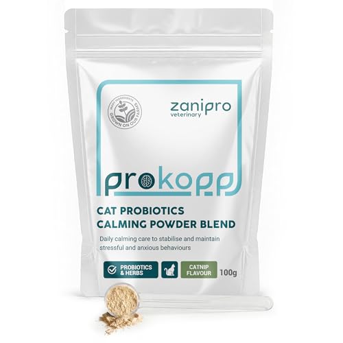 Zanipro Beruhigendes Katzenpulver Anti-Stress & Entspannungs-Komplex für Katzen | Mit L-Tryptophan für Ruhe bei Stress & Feuerwerk Probiotika für Darm- & Gehirn-Darm-Achse | 100 g (Katzenminze)