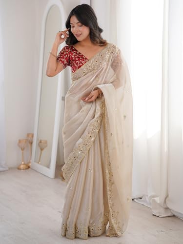 Image of AKHILAM Women's Shimmer Off White Georgette Sequence Embroidery Saree With Unstitched Blouse Piece