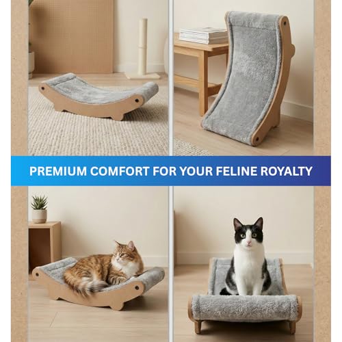 Image of Cat Hammock Bed with Plush Cushion, Wooden Curved Rocker Design, 23x13x6 Inch, Premium Comfort Lounger for Cats (FURR-162) (Grey)
