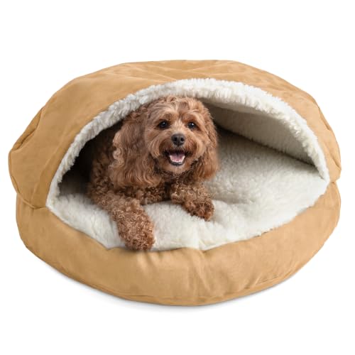 Image of Snoozer Cozy Cave Dog Bed, Round Covered Dog Bed, Camel (S)