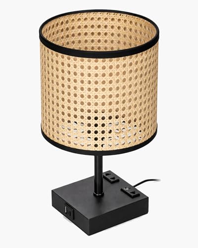 Image of Homesake Touch Table Lamp with USB A + Type C Charging Ports Dual AC Outlets, Touch Control, Medium Size, Bulb Included Night Stand, Bedside Desk Light Bedroom Living Room Office, (Cane Cylinder)