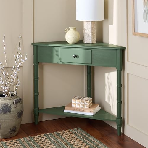 Image of SAFAVIEH Furniture - Gomez 1-Drawer Corner Table - Dusty Green - Solid Wood - Classic Corner Storage Design - Ideal for Entryway, Living Room, Home Office, 33.1 inch W x 17.3 inch D x 28 inch H (AMH5709J)