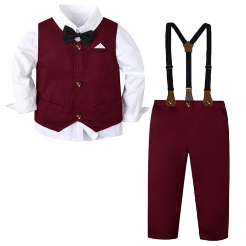 SANGTREE Boys' Formal Suits Sets Gentleman Outfits, Vest + Suspender Pants + Shirt + Bow Tie & Scarf, 3 Months - 14 Years