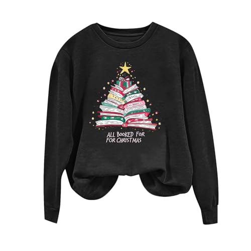 OVARA Ladies Xmas Jumper Book Christmas Tree Print Sweatshirt for Women Long Sleeve Crewneck Pullover Tops Funny Christmas Jumpers Holiday Sweatshirts without Hood