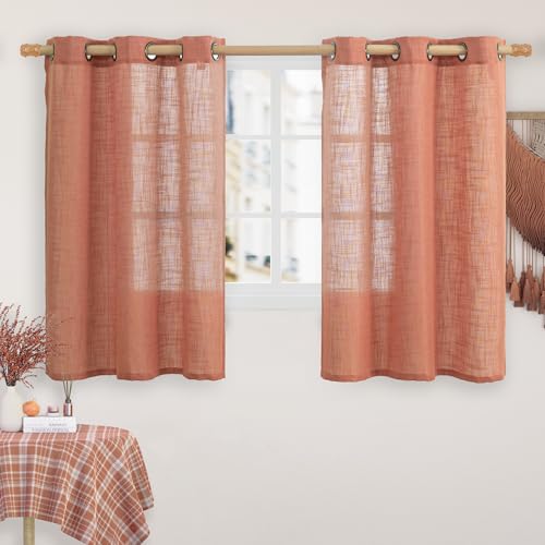 Image of LAMIT Terracotta Linen Semi Sheer Curtains 45 Inch Length, Light Filtering Neutral Window Curtains Farmhouse Boho Bronze Grommet Fall Decor Panels for Bedroom, 2 Panels, 34 x 45 Inch