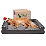 Furhaven Luxe Fur & Performance Linen Sofa-Style Egg Crate Orthopedic Foam Dog Bed - Charcoal, Jumbo (X-Large)