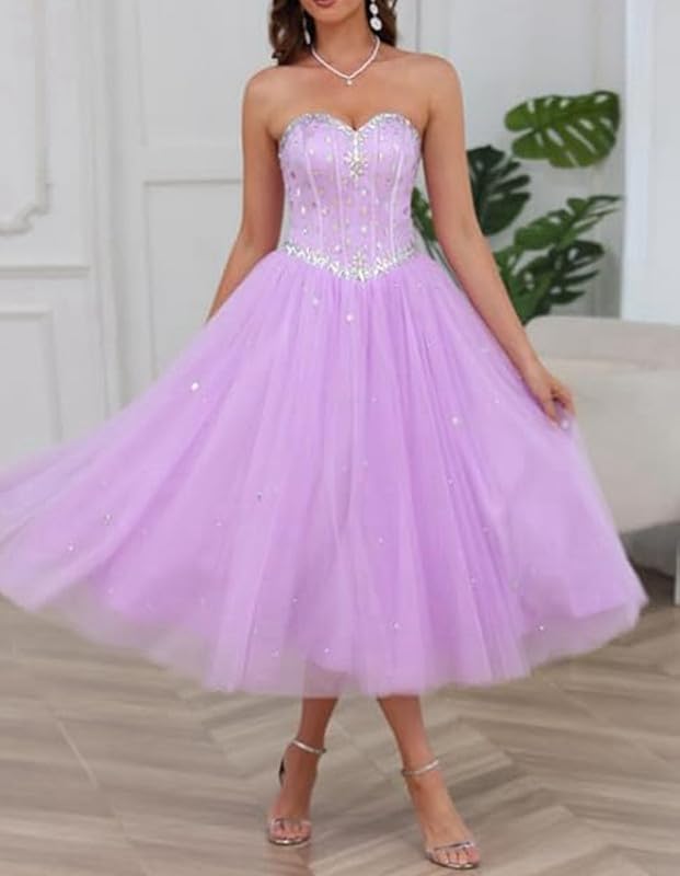 Image of Likedpage Women's Strapless Tea Length Prom Dress, Tulle Ball Gown with Crystal Beading, Corset Back