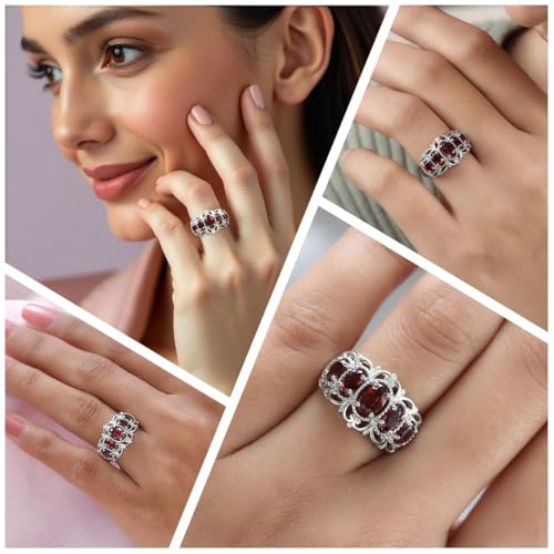 5 Stone Garnet Rings for Women in Platinum Plating - January Birthstone Promise Ring Engagement Rings for Women Vintage Fashion Gemstone Red Garnet Jewelry Birthday Gifts for Womens2