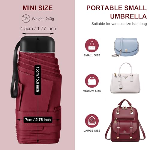 LEAGERA Compact Travel Umbrella with Case - Mini Umbrella for Purse, Small Tiny Parasol Umbrellas, Wine Red — view 5